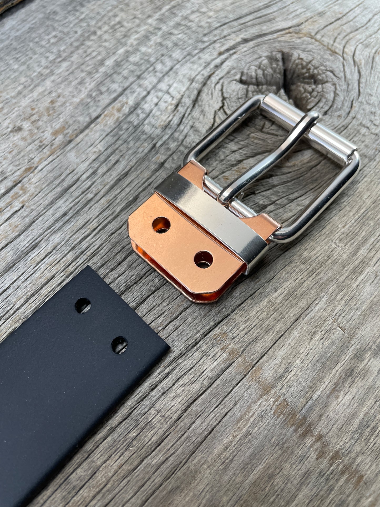 (SB-02) Sterling Silver Buckle - Silver Keeper - Copper Belt Plate on WeatherFlex Waterproof Belt Strap