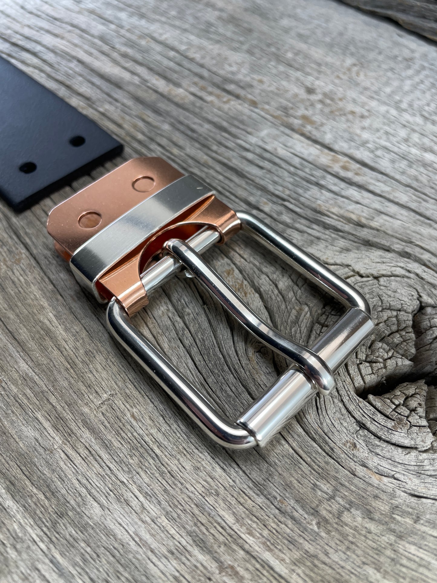 (SB-02) Sterling Silver Buckle - Silver Keeper - Copper Belt Plate on WeatherFlex Waterproof Belt Strap