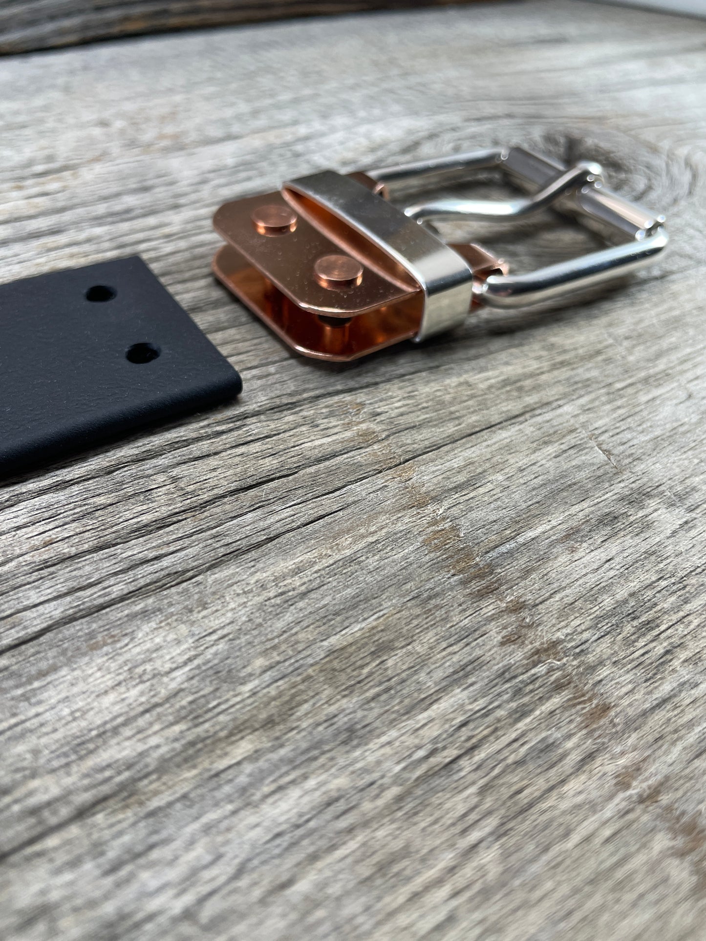 (SB-02) Sterling Silver Buckle - Silver Keeper - Copper Belt Plate on WeatherFlex Waterproof Belt Strap