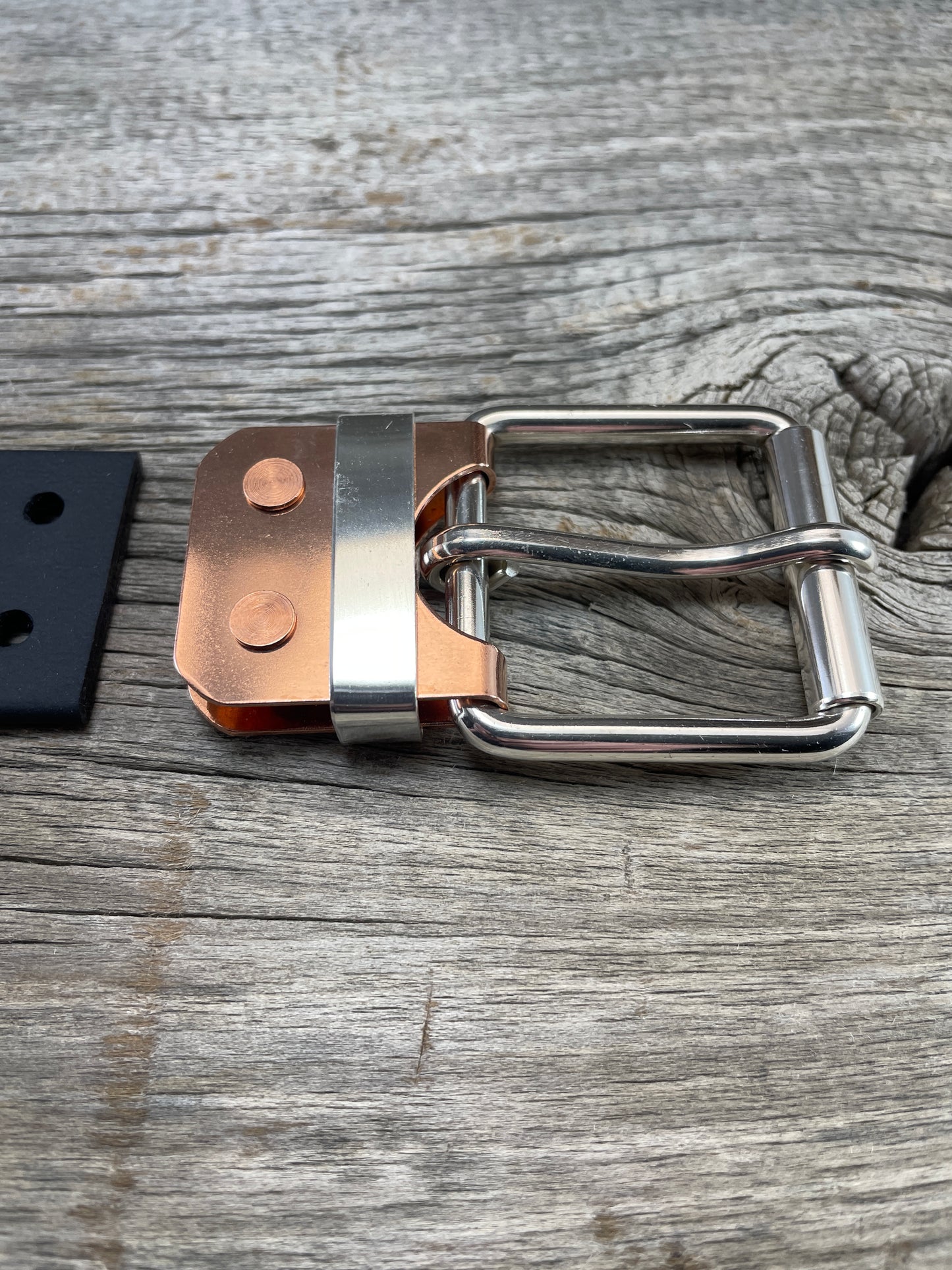 (SB-02) Sterling Silver Buckle - Silver Keeper - Copper Belt Plate on WeatherFlex Waterproof Belt Strap