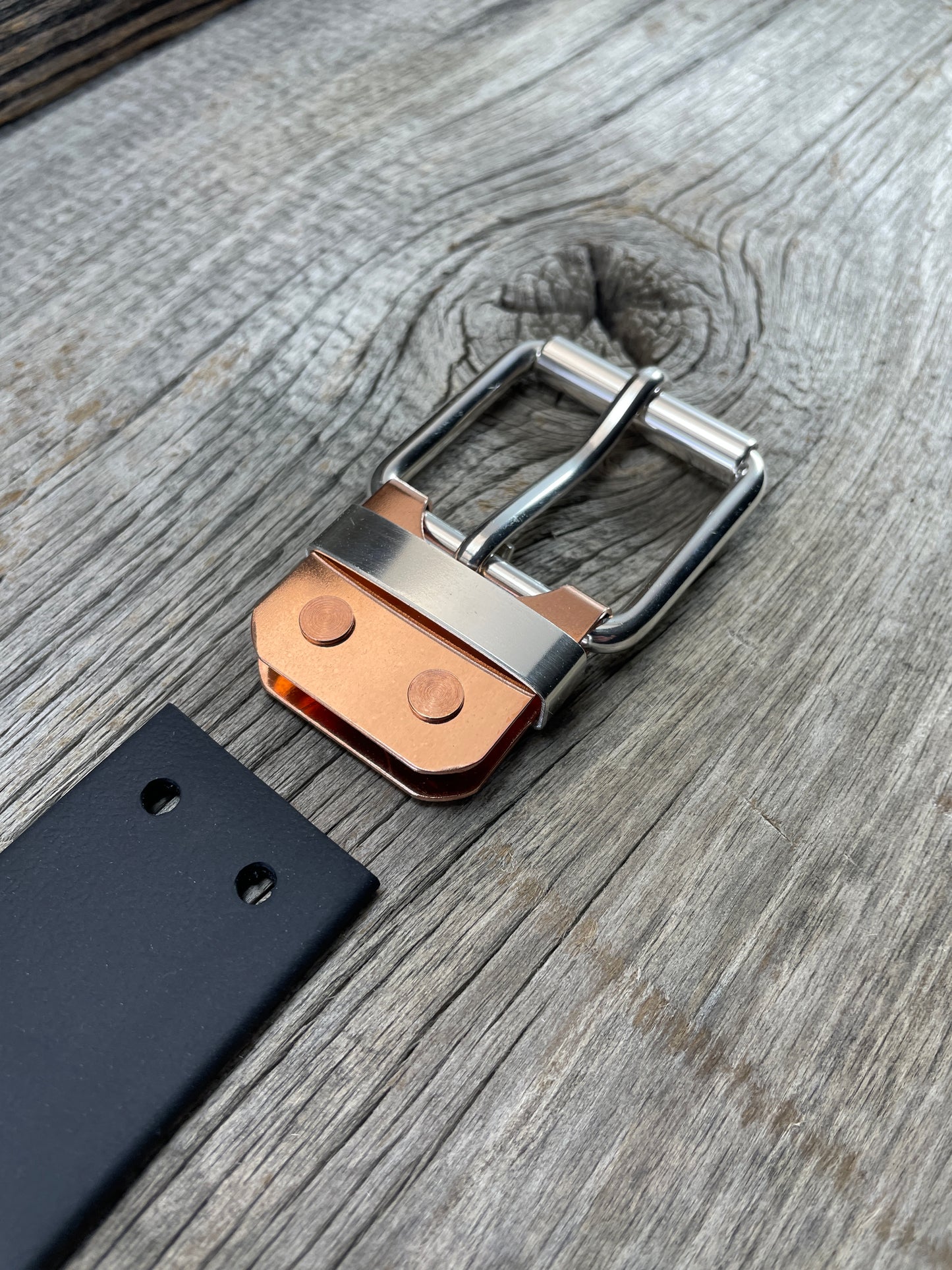 (SB-02) Sterling Silver Buckle - Silver Keeper - Copper Belt Plate on WeatherFlex Waterproof Belt Strap