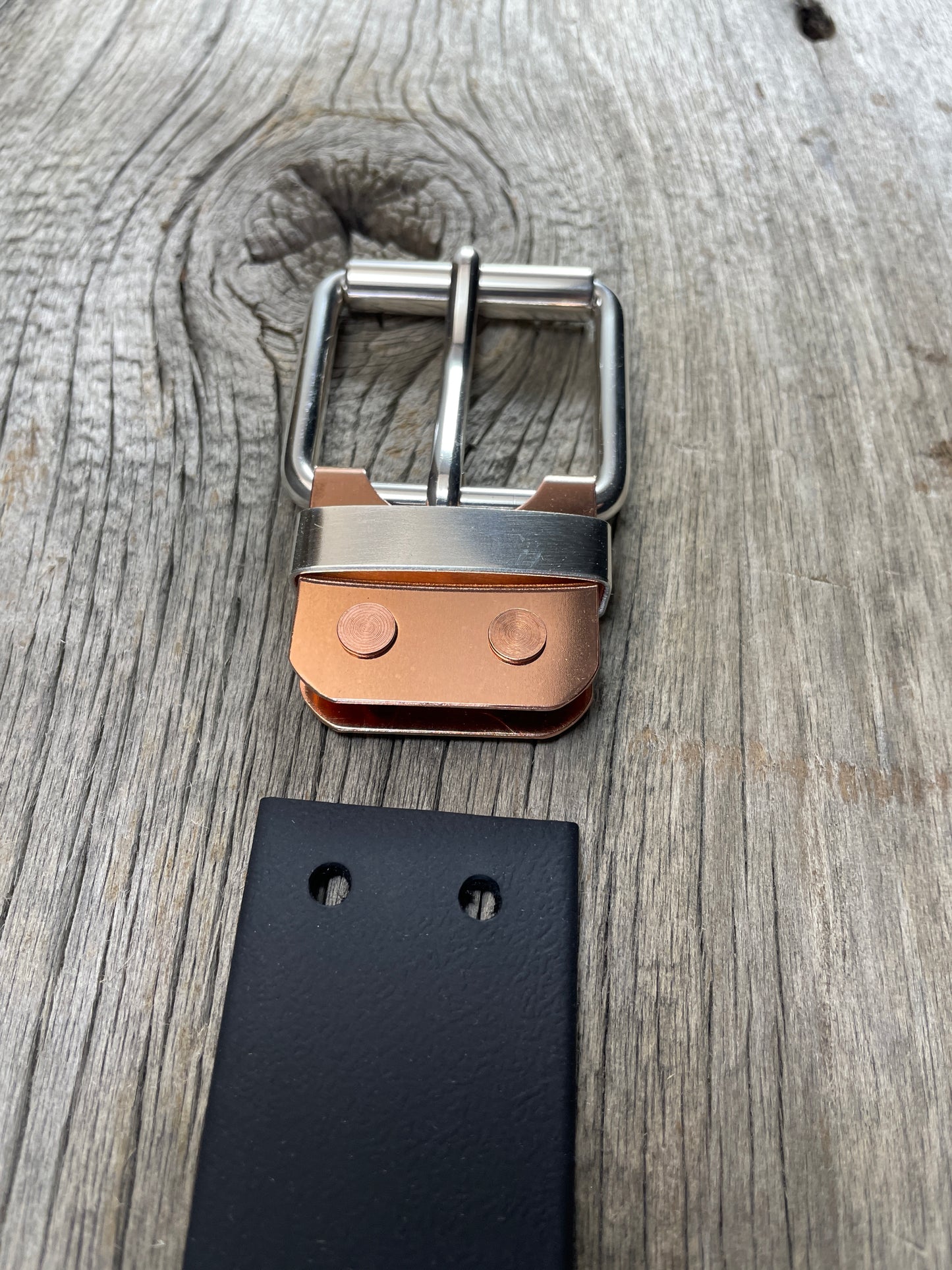 (SB-02) Sterling Silver Buckle - Silver Keeper - Copper Belt Plate on WeatherFlex Waterproof Belt Strap