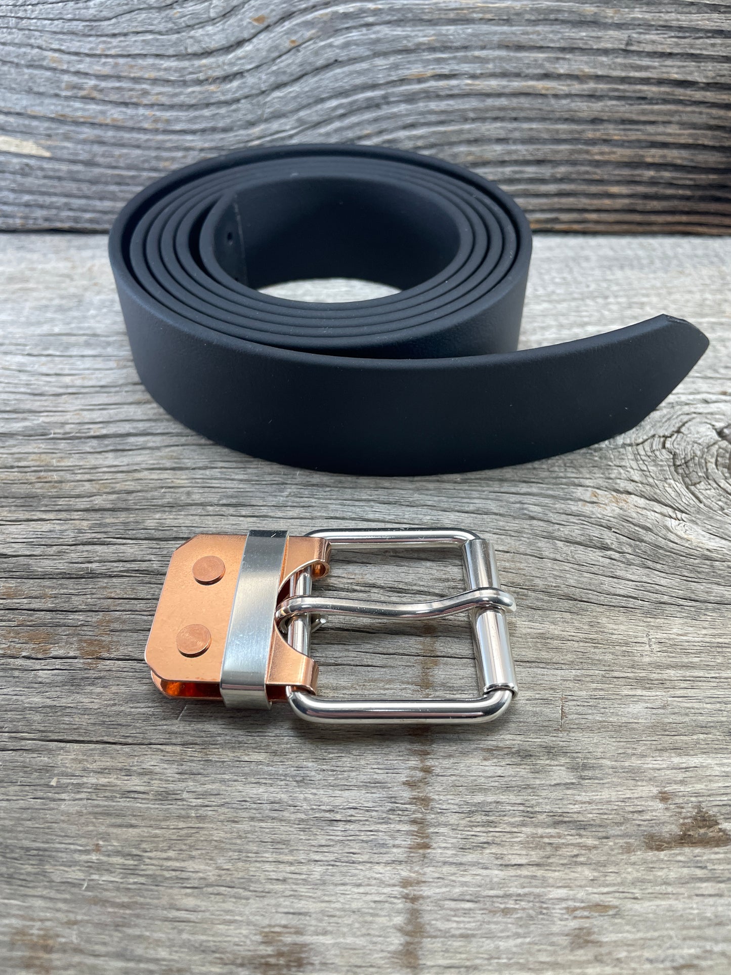 (SB-02) Sterling Silver Buckle - Silver Keeper - Copper Belt Plate on WeatherFlex Waterproof Belt Strap