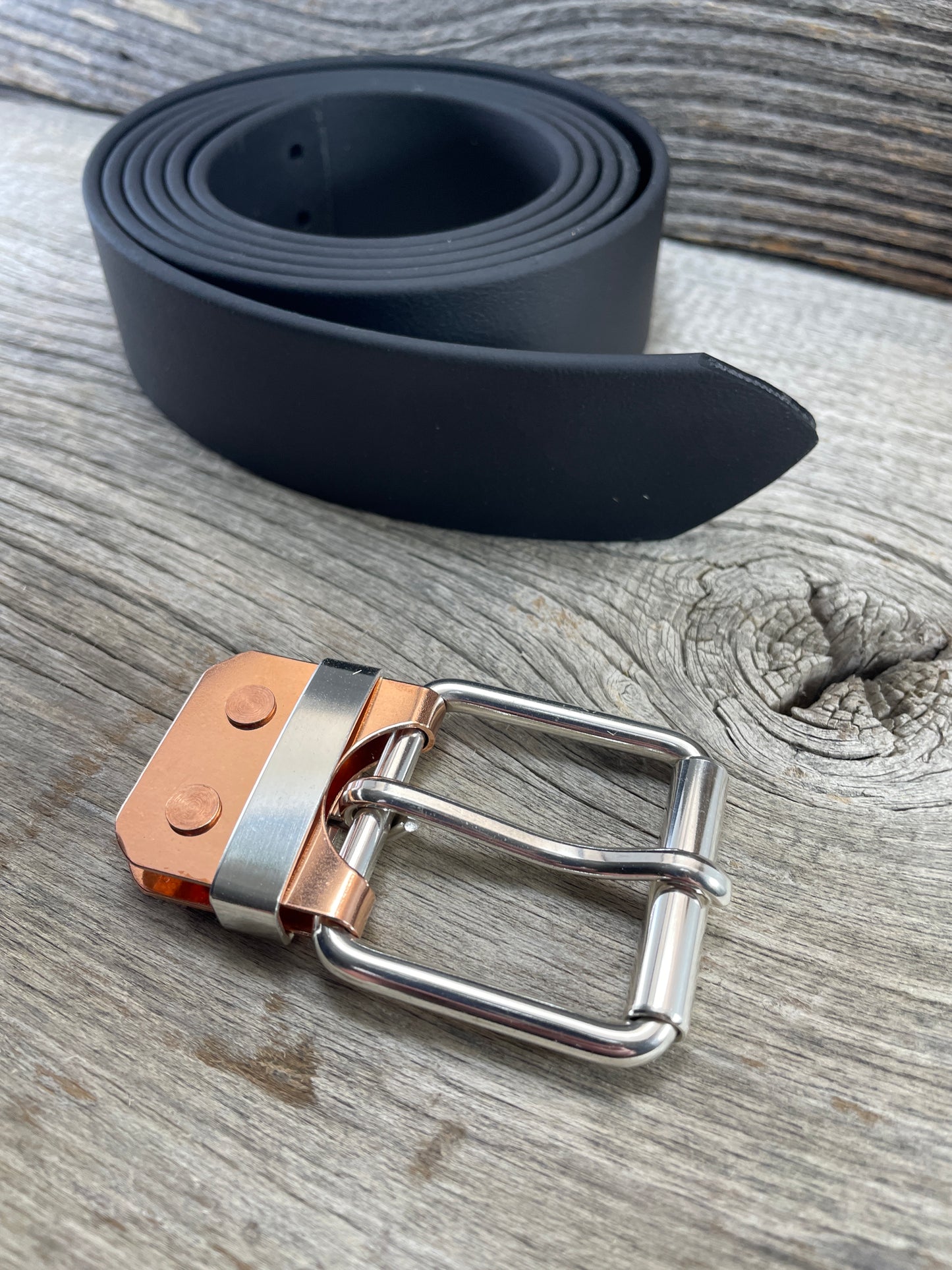 (SB-02) Sterling Silver Buckle - Silver Keeper - Copper Belt Plate on WeatherFlex Waterproof Belt Strap