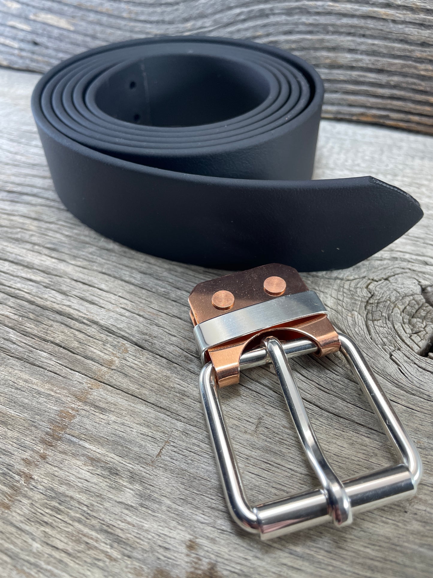 (SB-02) Sterling Silver Buckle - Silver Keeper - Copper Belt Plate on WeatherFlex Waterproof Belt Strap