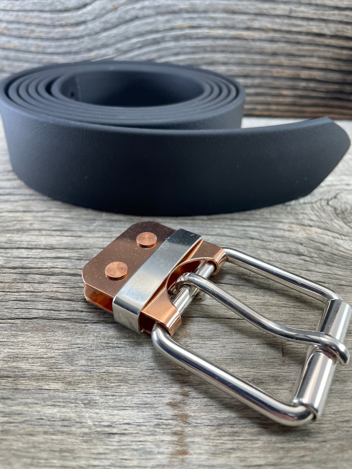(SB-02) Sterling Silver Buckle - Silver Keeper - Copper Belt Plate on WeatherFlex Waterproof Belt Strap