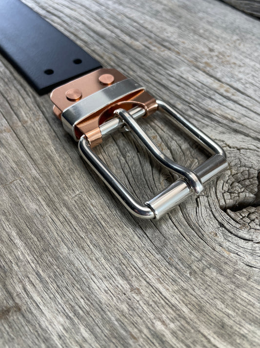 (SB-02) Sterling Silver Buckle - Silver Keeper - Copper Belt Plate on WeatherFlex Waterproof Belt Strap